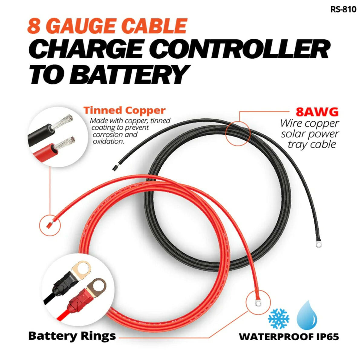 Rich Solar 8 Gauge 10 Feet Cable Connect Charge Controller to Battery.