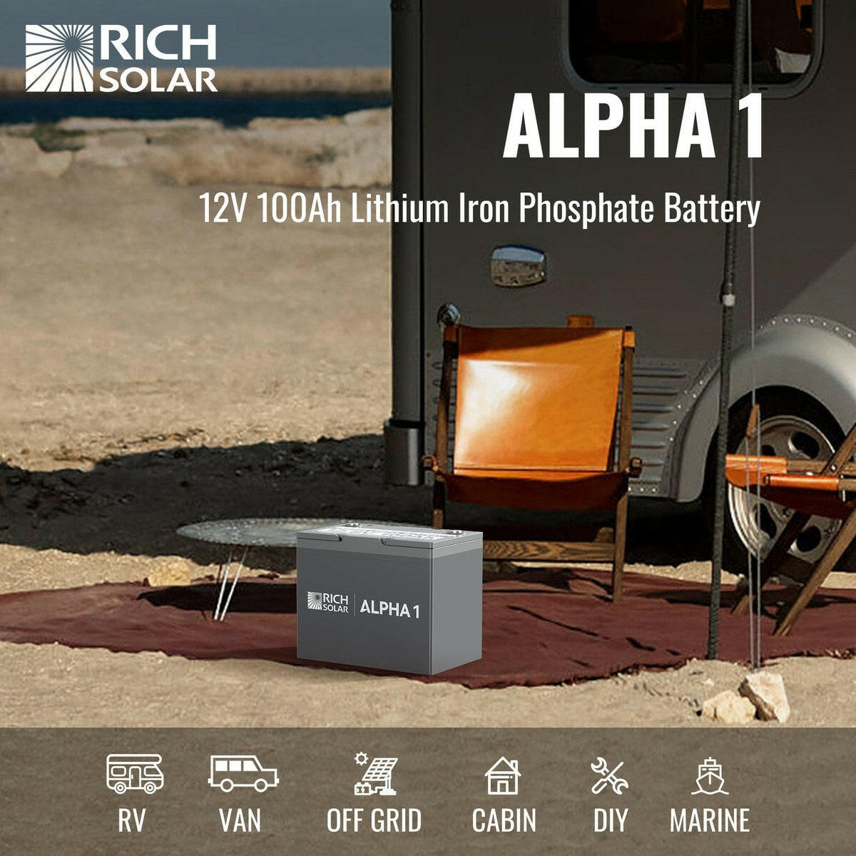 Rich Solar Alpha 1 12.8 V 100 Ah Lithium Iron Phosphate Battery.