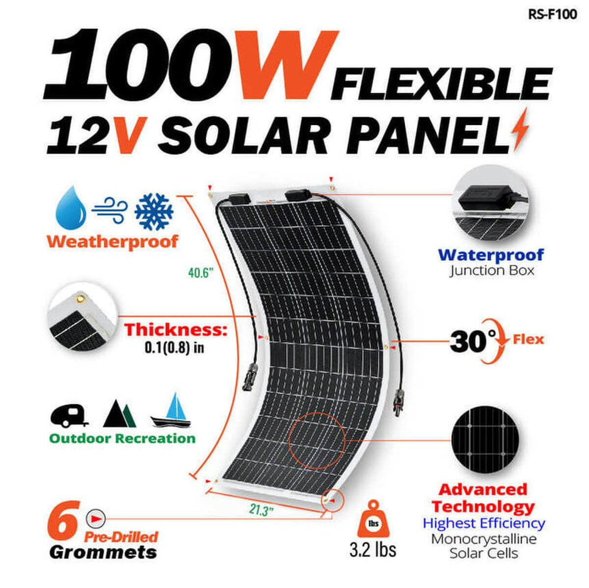 Rich Solar MEGA 100 FLEX | 100 Watt Monocrystalline Solar Panel | Best 12V Flexible Panel for VAN RVs and Off-Grid | High Efficiency.