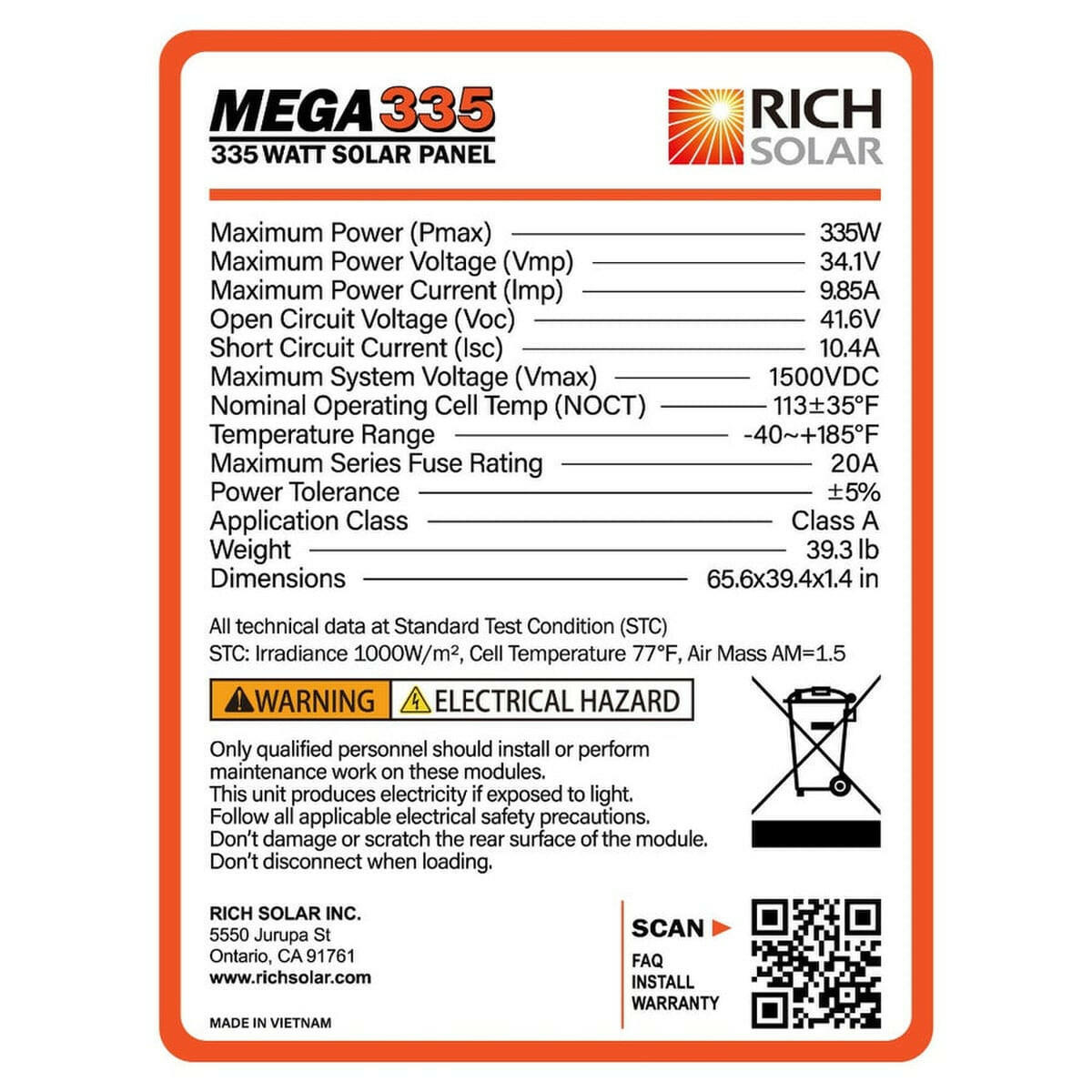 Rich Solar Mega 335 Watt 24 Volt Solar Panel (Pallet of 8)